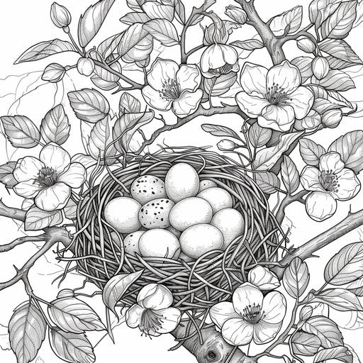 Bird's nest with eggs in a blossoming tree