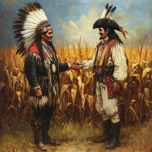 Native American chief and Pilgrim leader shaking hands in front of a large cornfield