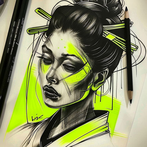 Graphic geisha tattoo design in black and neon green on white