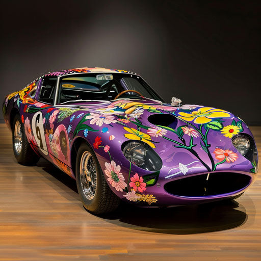 Shelby Daytona with psychedelic paint job and flower power decals, embodying the spirit of the 1960s.