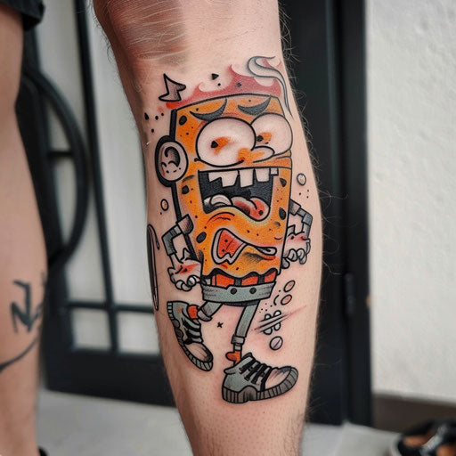 Small tattoo with a satirical theme, in the style of Steve Sack