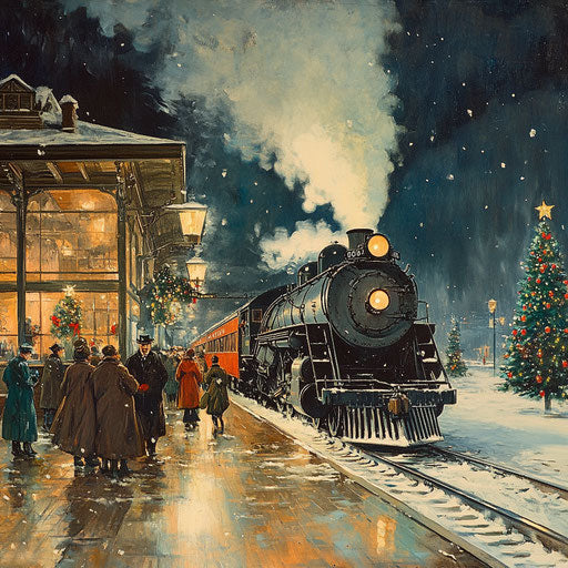 1940s train station decorated for Christmas, travelers in coats and hats, steam rising from the locomotive