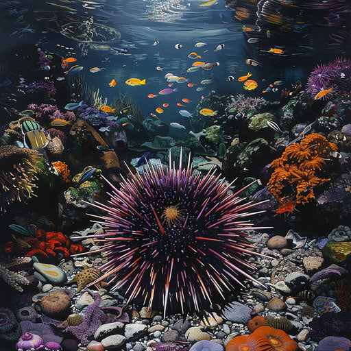 Sea urchin on a rocky ocean floor with colorful marine life