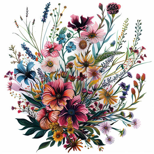 Wildflower tattoos like woven tapestry on white background