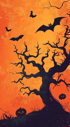 Spooky Halloween background with old tree, pumpkins, and bats