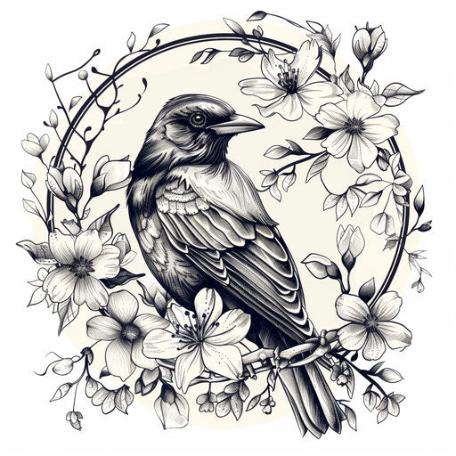 Elegant tattoo sketch of a blackbird surrounded by delicate white floral motifs