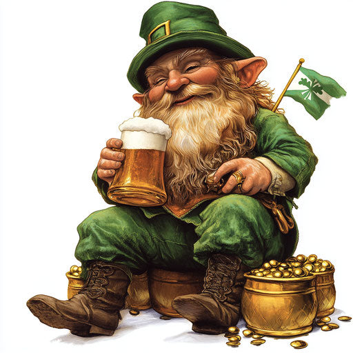 Dwarf drinking beer on St. Patrick's Day, Irish flag and gold pots