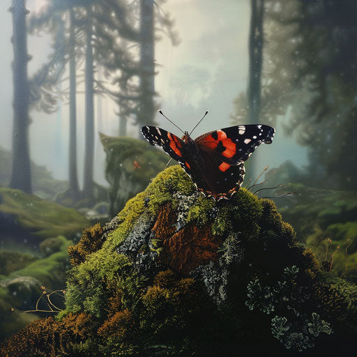 Red admiral butterfly on mossy rock in misty forest