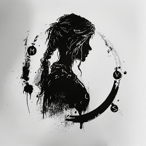 Minimalist silhouette of Freya with rune symbols