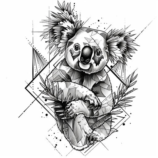 Simple tattoo sketch of koala with clean geometric backdrop