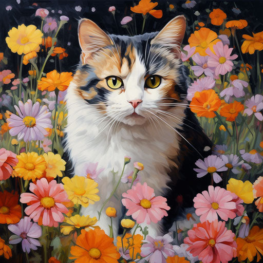 Calico cat in a field of flowers