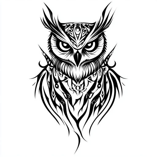 Flat tattoo sketch of owl with tribal elements and bold lines