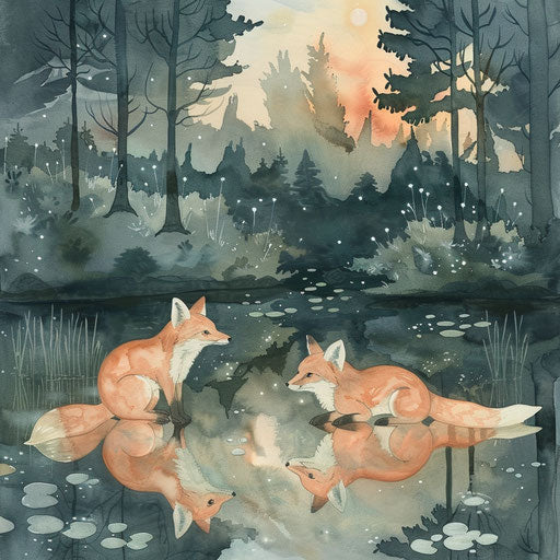 Dreamy foxes at twilight on the peaceful pond