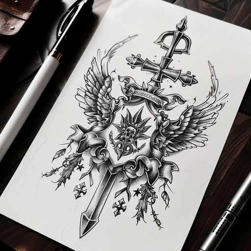 Illustration of an intricate military crest tattoo design, detailed with symbols of valor, on a pristine white paper background