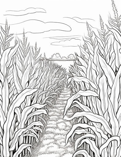 Corn field coloring page in black and white, light orange and cyan