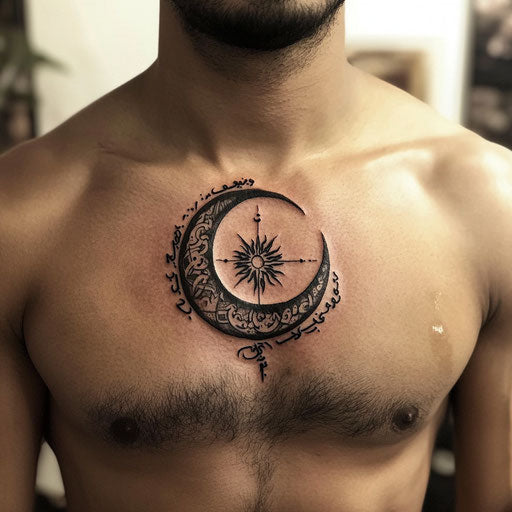 Arabic tattoo with calligraphy crescent moon and sun on upper chest
