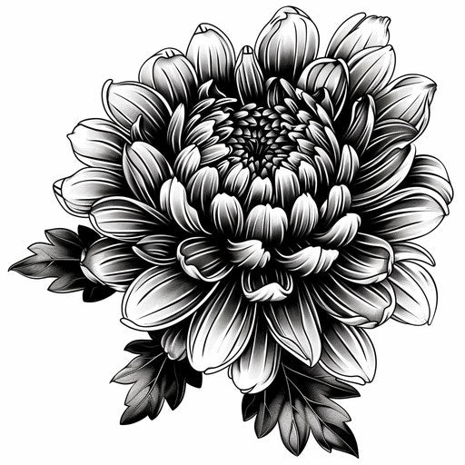 Artistic tattoo design showcasing a detailed black and white chrysanthemum on pure white background