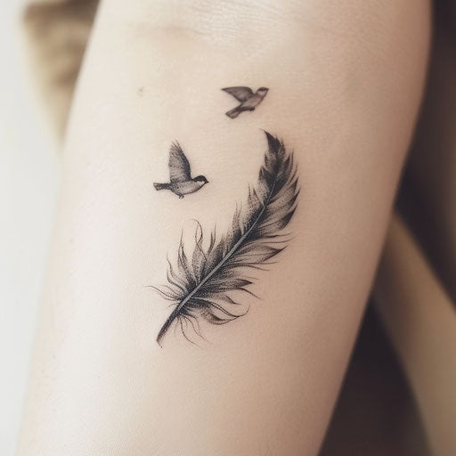 Feather transforming into birds, symbolizing freedom and travel