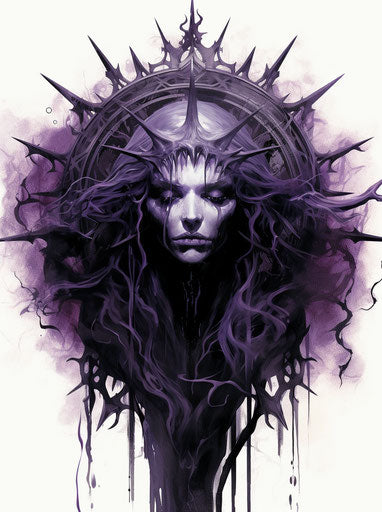 Purple witch with black sun, ink-washed style, antichrist