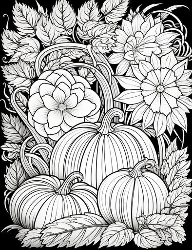Pumpkins and flowers coloring for adults, playful textures, whimsical narrative