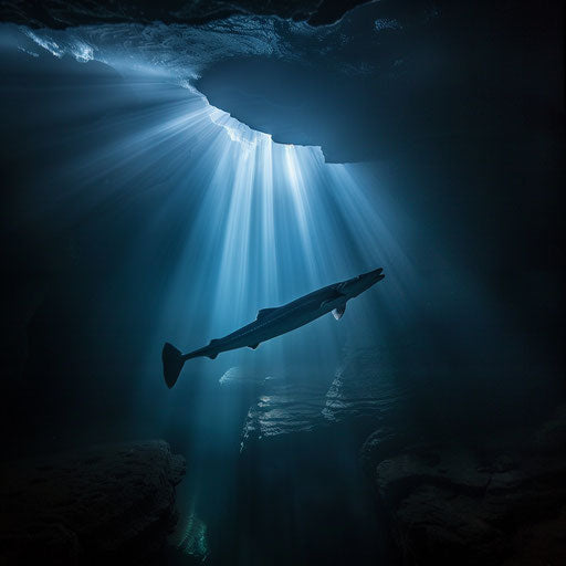 Sturgeon fish in a foggy, mysterious underwater cave