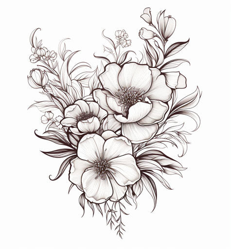Black and white tattoo drawing, flowers and leaves