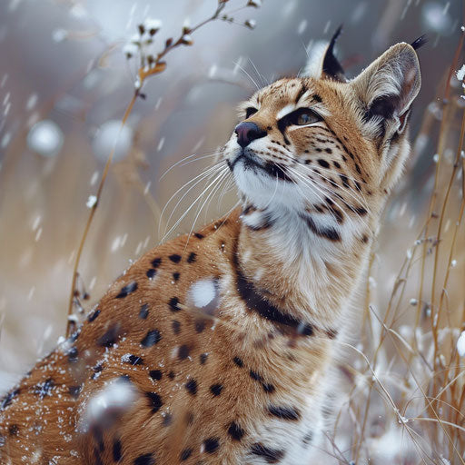 A serval cat in a field during snowfall
