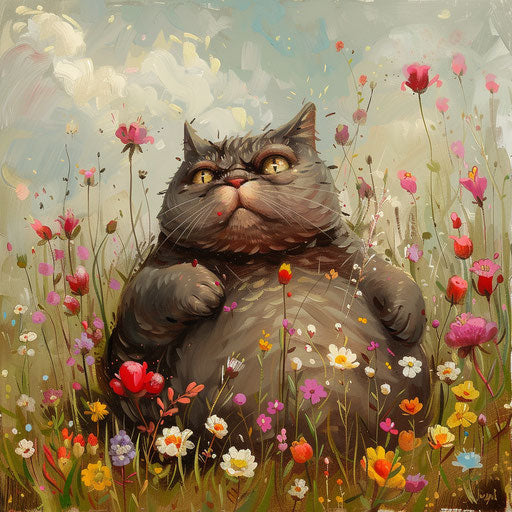 fatcat in a field of flowers