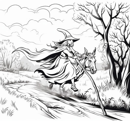 Witch flying on a broom, captivating drawings
