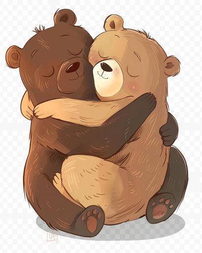 Cartoon bears hugging transparent background soft style