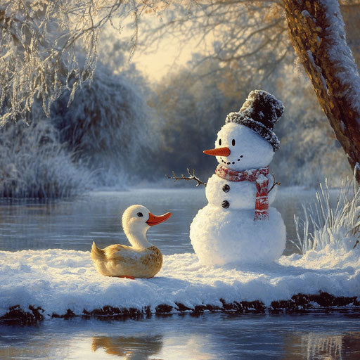 Snowman next to frozen pond, snow duck with carrot nose keeping him company.