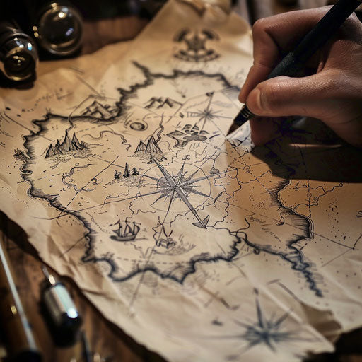 Flat tattoo sketch of a mysterious ancient map