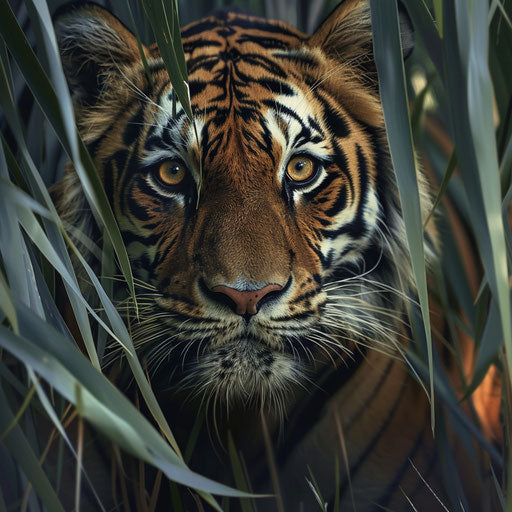 The piercing gaze of a Siberian tiger behind a veil of tall grass