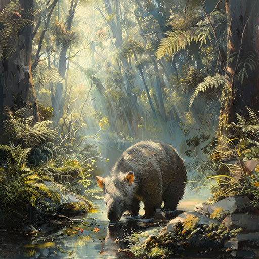 Wombat grazing near a crystal-clear stream in a vibrant forest