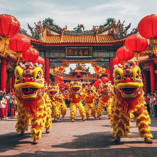 Vibrant Chinese snake dance with red and yellow traditional costumes