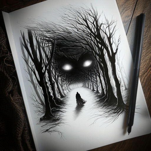 Mysterious dark forest with eerie shadows and glowing eyes