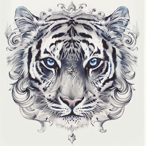 Ethereal tattoo sketch in a flat style, showcasing tiger eyes with silver and gray shades