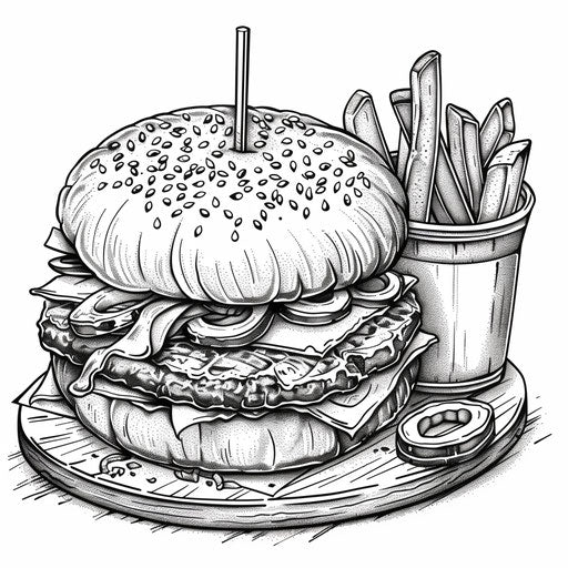 Detailed illustration of a burger with all the fixings, served with fries. Coloring book page