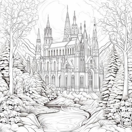 Coloring pages for kids of snow queen, in the style of gothic architecture