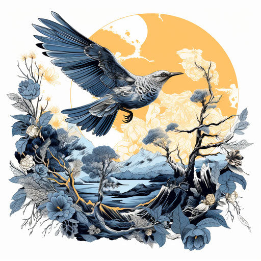 A blue hawk flying over the sun, abstracted botanical style