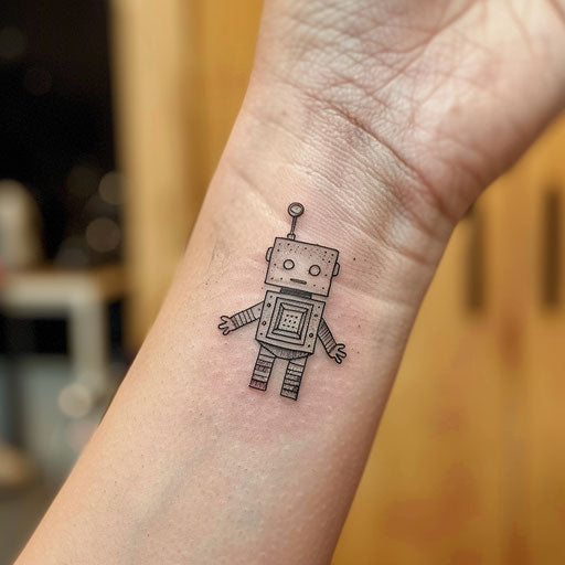 Small wrist tattoos of a robot, in the style of Humberto Ramos