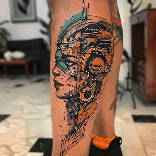 Calf tattoo with futuristic designs