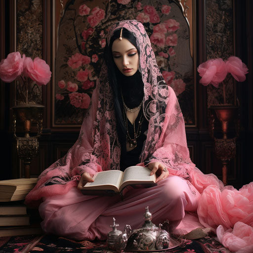 Sitting next to the Muslim prayer mat, in the gothic romance style