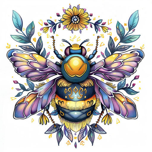 Vibrant sketch of a queen bee surrounded by flowers and leaves in a lively clipart style