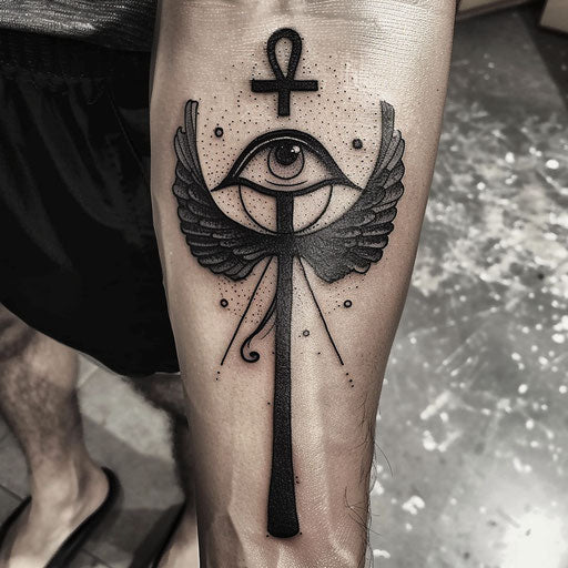 Ancient Egyptian Symbols Tattoo, Black Ankh and Eye of Horus on White