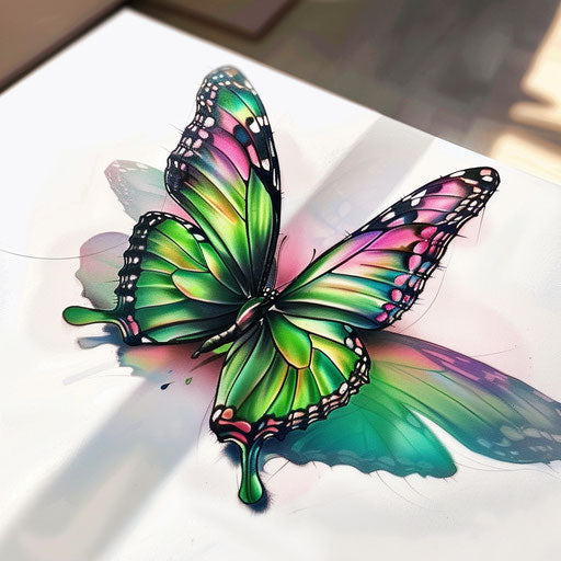 Neon 3D tattooed butterfly with bright colors on white paper