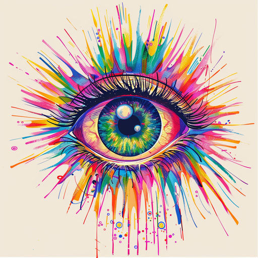 Colorful rays from vibrant tattoo sketch of eyeball