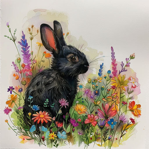 Black rabbit in field of wildflowers