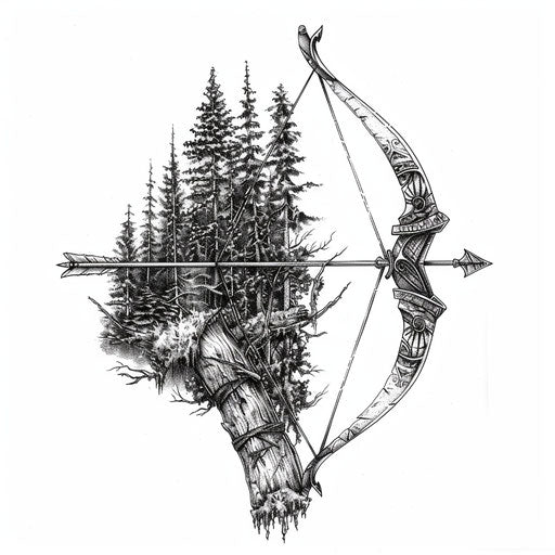 Bow and arrow in forest against white backdrop