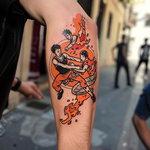 Friendship tattoos in the style of Humberto Ramos with dynamic action scenes representing teamwork